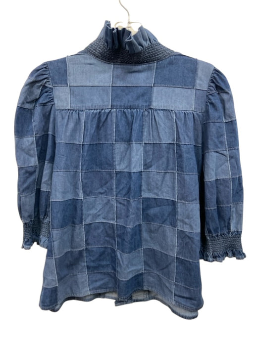Love The Label Size L Dark Wash Cotton Short Puff Sleeve Quilted Button Up Top Dark Wash / L