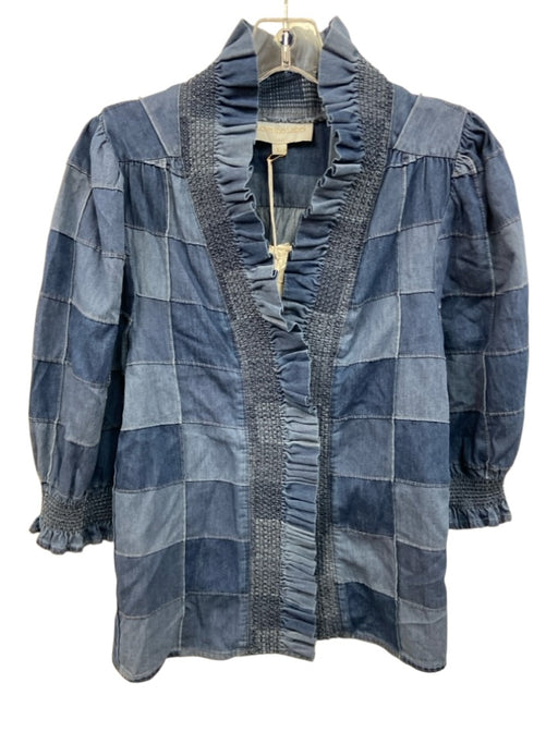 Love The Label Size L Dark Wash Cotton Short Puff Sleeve Quilted Button Up Top Dark Wash / L