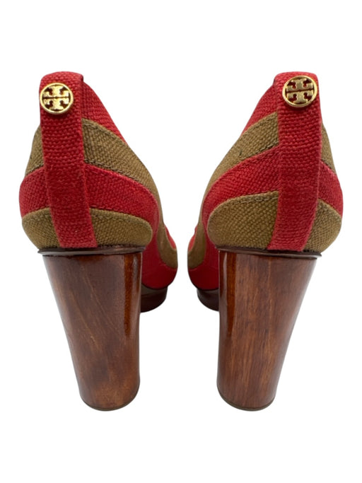 Tory Burch Shoe Size 8.5 Beige & Orange Canvas & Wood Platform Block Heel Pumps Beige & Orange / 8.5