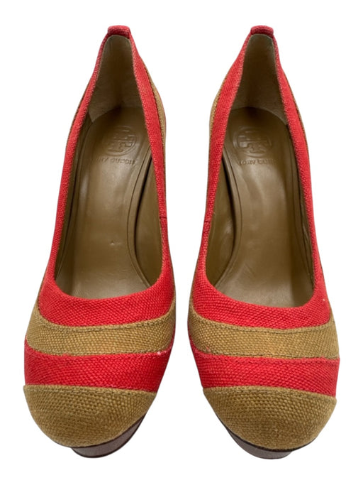 Tory Burch Shoe Size 8.5 Beige & Orange Canvas & Wood Platform Block Heel Pumps Beige & Orange / 8.5