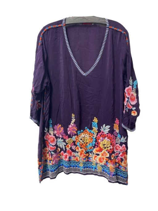 Johnny Was Size L Purple & Multi Rayon Floral Embroider Detailing V Neck Top Purple & Multi / L