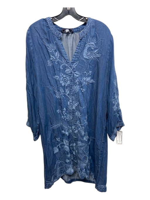 Johnny Was Size L Blue Lycocell Denim Floral Embroidery V Neck Dress Blue / L