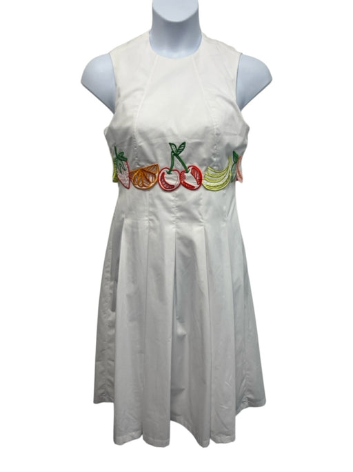 Lela Rose Size 4 White & Multi Polyester & Cotton Sleeveless Fruit Pleated Dress White & Multi / 4