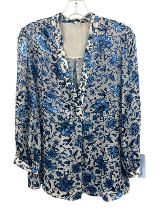 Alice + Olivia Size M Blue & White Viscose & Silk Long Sleeve Floral Sheer Top Blue & White / M