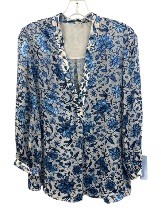 Alice + Olivia Size M Blue & White Viscose & Silk Long Sleeve Floral Sheer Top Blue & White / M