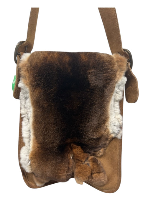 Elena Girardi Brown & White Leather Suede Rabbit Fur Crossbody Messenger Bag Brown & White / Medium