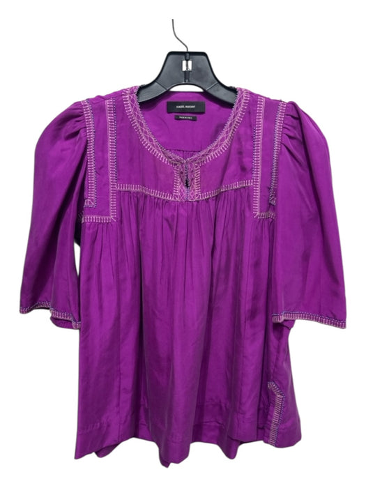 Isabel Marant Size 40 Purple Silk Embroidered Beaded Gathered Front Top Purple / 40