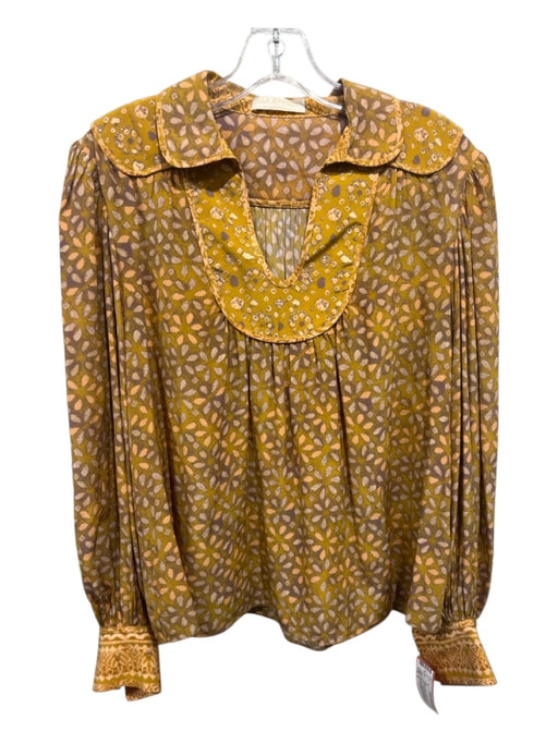 Ulla Johnson Size 6 Yellow & Multi Silk Collared All Over Print Peasant Top Yellow & Multi / 6