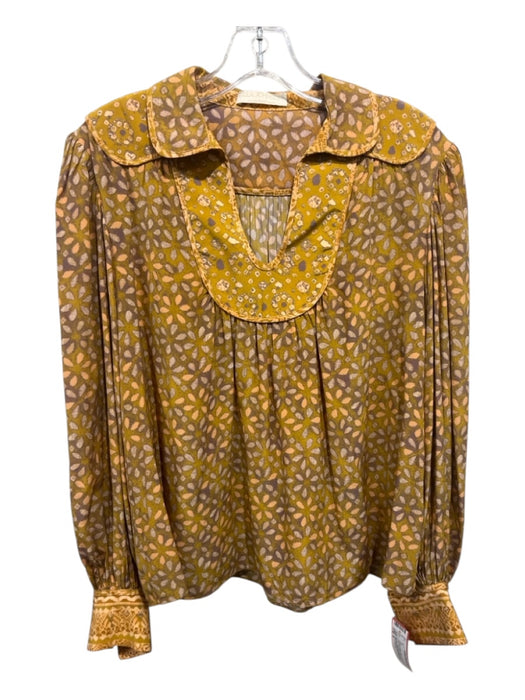 Ulla Johnson Size 6 Yellow & Multi Silk Collared All Over Print Peasant Top Yellow & Multi / 6
