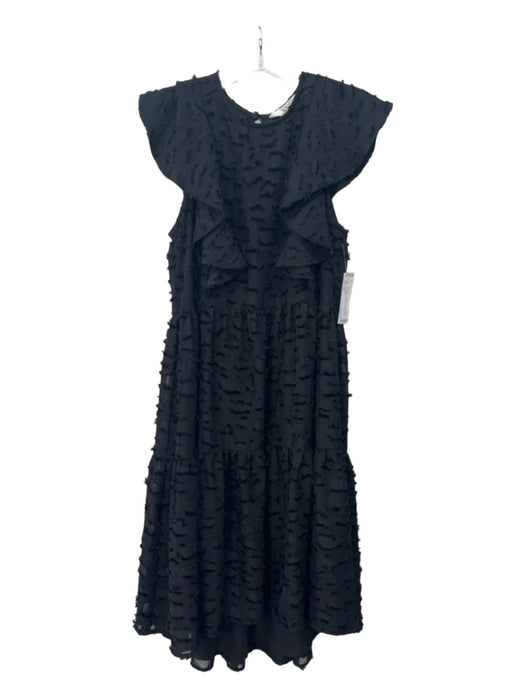 Crosby Size XS Black Polyester Textured Ruffle Cap Sleeve Tiered Midi Dress Black / XS