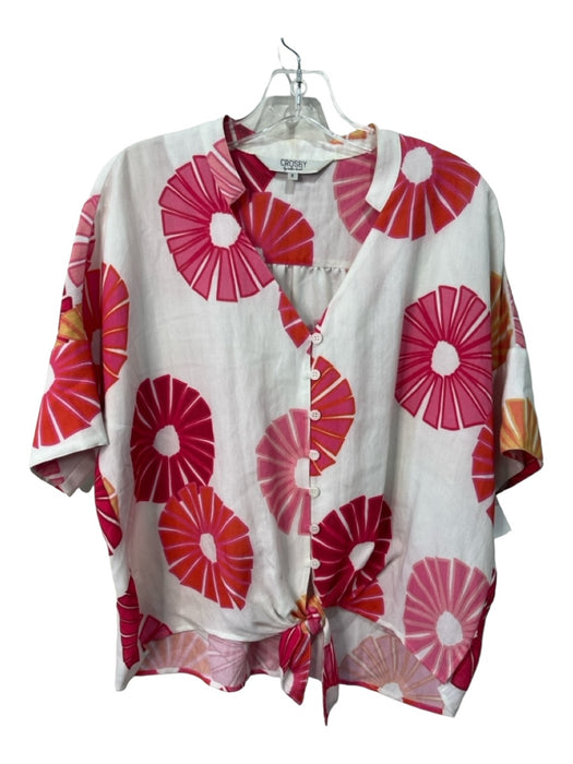 Crosby Size S White & Pink Cotton Button Front Tie Hem Floral drop shoulder Top White & Pink / S