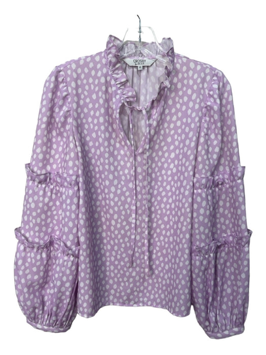 Crosby Size XS Purple & White Polyester Ruffle Long Sleeve V Neck Tie Neck Top Purple & White / XS