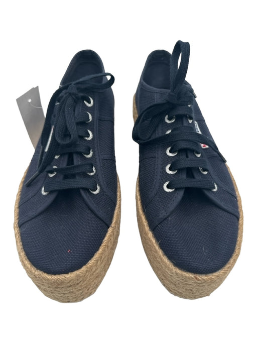 Superga Shoe Size 6 Navy & Beige Canvas & Raffia Laces Platform Low Top Sneakers Navy & Beige / 6