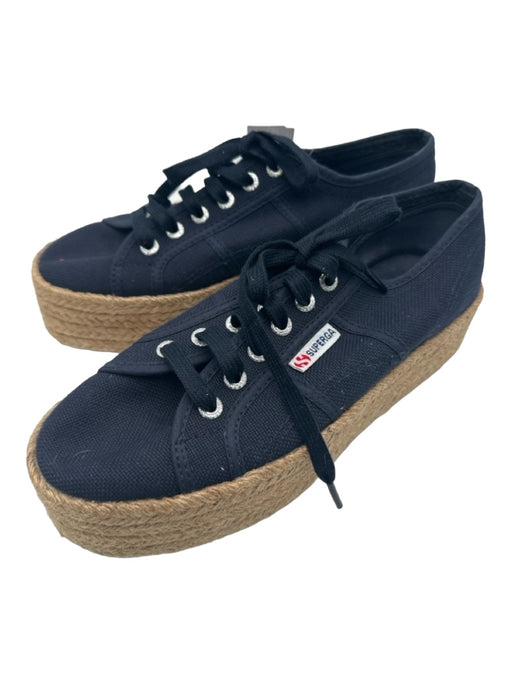 Superga Shoe Size 6 Navy & Beige Canvas & Raffia Laces Platform Low Top Sneakers Navy & Beige / 6