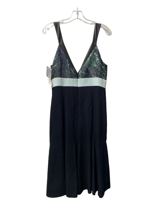 J. Mendel Size 8 Black & Teal Viscose V Neck Sleeveless Texture Back Zip Dress Black & Teal / 8