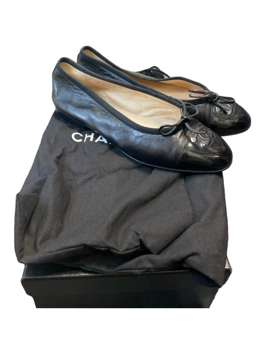 Chanel Shoe Size 36.5 Black Leather Almond Toe Bow Detail Logo Slip On Shoes Black / 36.5