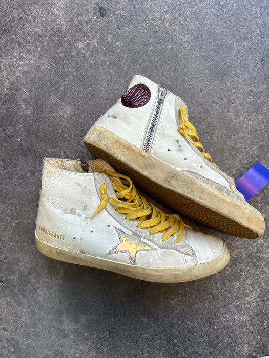 Golden Goose Shoe Size 38 Cream & Yellow Leather High Top Decals Lace Up Shoes