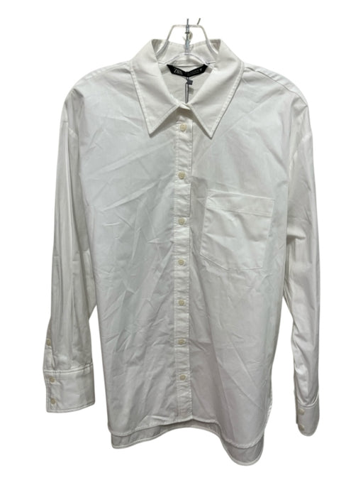 Zara Size Medium White Cotton Long Sleeve Button Front Collar Patch Pocket Top White / Medium