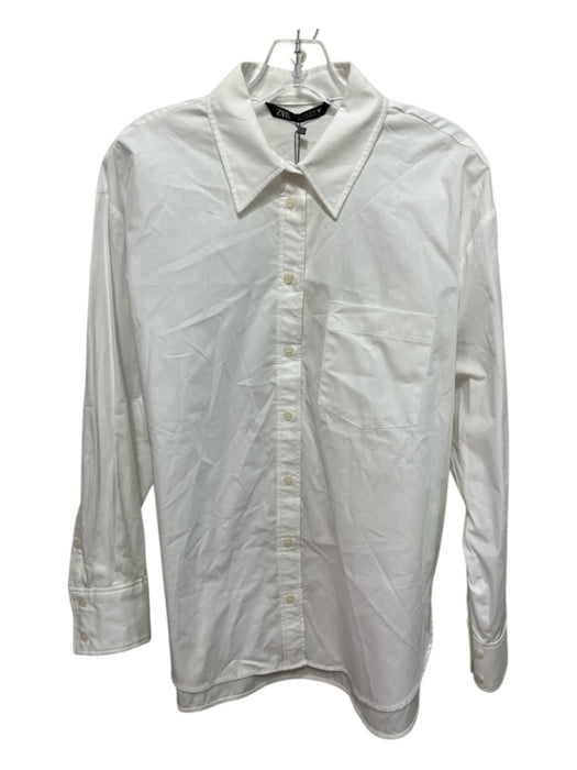 Zara Size Medium White Cotton Long Sleeve Button Front Collar Patch Pocket Top White / Medium