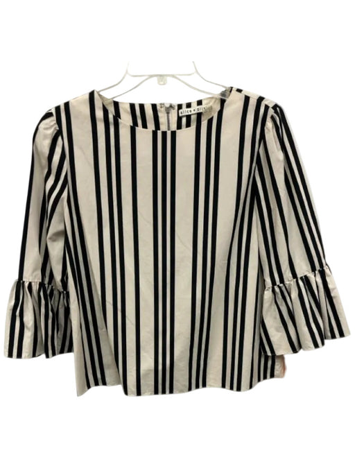 Alice + Olivia Size M White & Black Cotton 3/4 Flare Sleeve Stripe Wide Neck Top White & Black / M