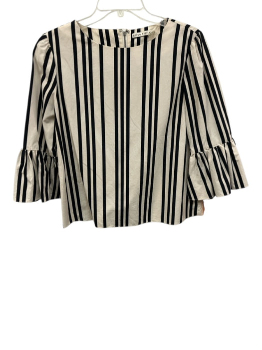 Alice + Olivia Size M White & Black Cotton 3/4 Flare Sleeve Stripe Wide Neck Top White & Black / M