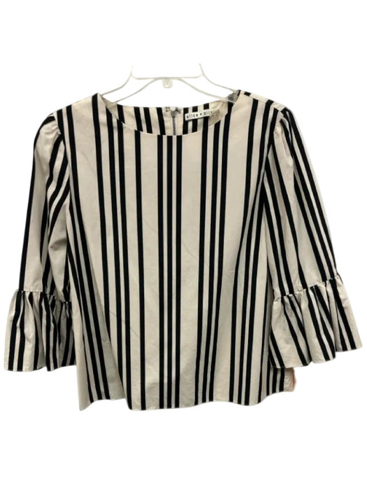 Alice + Olivia Size M White & Black Cotton 3/4 Flare Sleeve Stripe Wide Neck Top White & Black / M