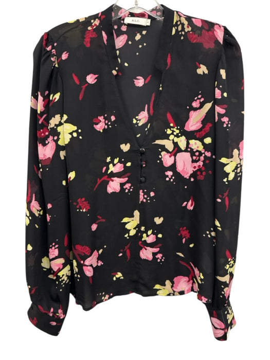 A.L.C. Size 6 Black, Pink, Green Silk Long Sleeve Floral Quarter Button Top Black, Pink, Green / 6