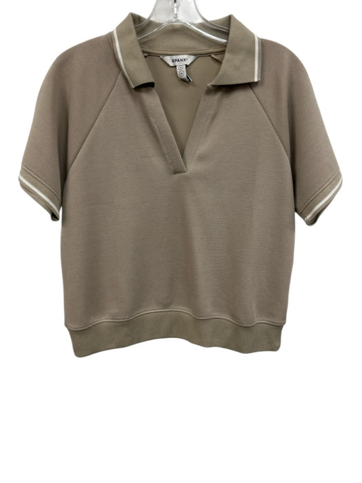 Spanx Size Medium Taupe & White Polyester Blend Short Sleeve Striped Polo Top Taupe & White / Medium
