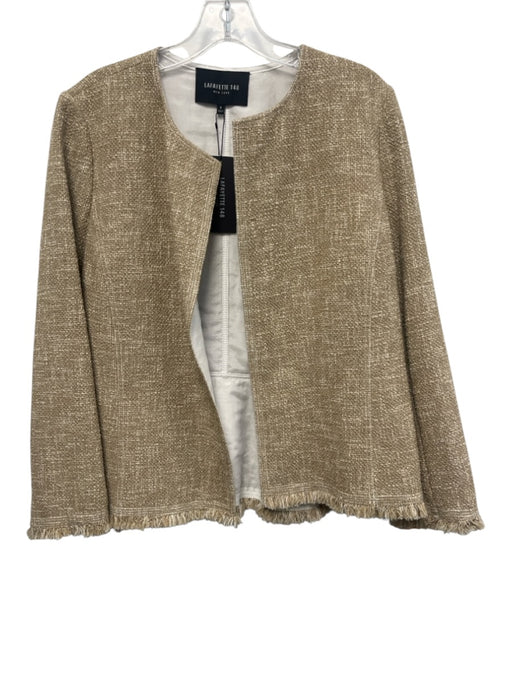 Lafayette 148 Size 8 Beige & White Cotton Blend Long Sleeve Tweed Fringe Jacket Beige & White / 8