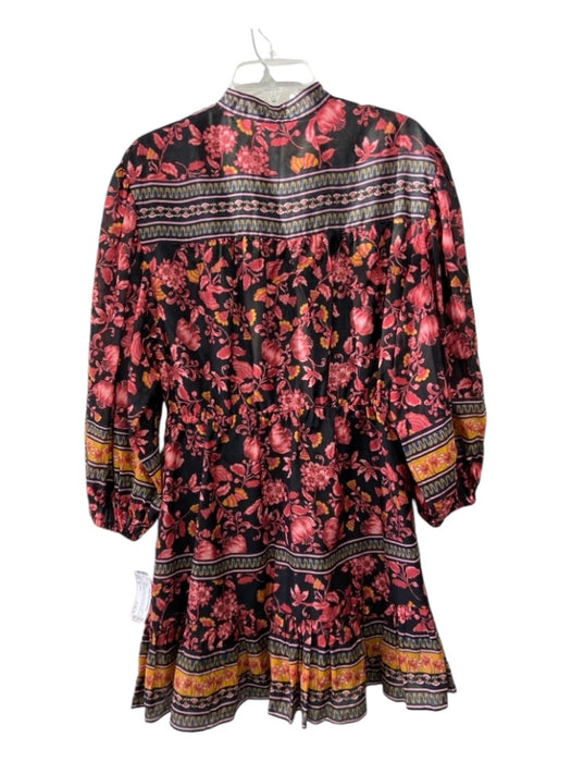 Alice + Olivia Size 10 Black, Pink, Multi Cotton Floral Puff Long Sleeve Dress Black, Pink, Multi / 10