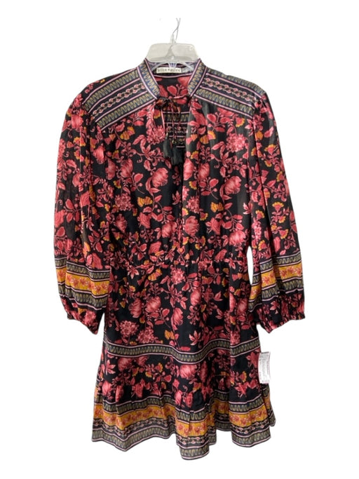 Alice + Olivia Size 10 Black, Pink, Multi Cotton Floral Puff Long Sleeve Dress Black, Pink, Multi / 10