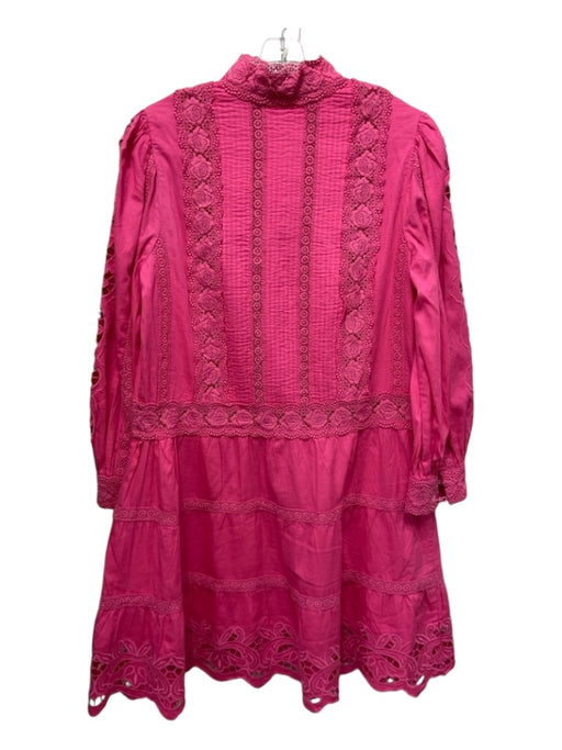 Alice + Olivia Size 10 Hot pink Cotton Lace Trim V Neck Long Sleeve Dress Hot pink / 10