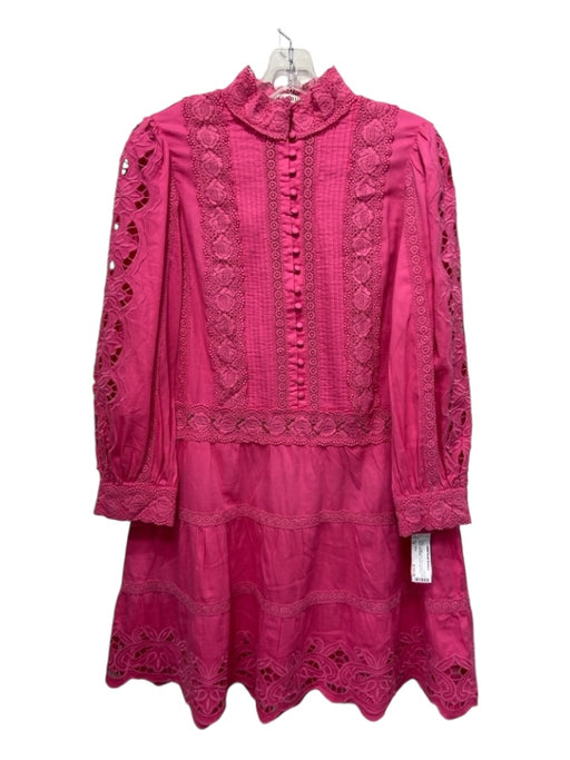 Alice + Olivia Size 10 Hot pink Cotton Lace Trim V Neck Long Sleeve Dress Hot pink / 10