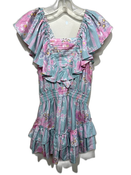 Loveshackfancy Size S Turquoise Blue & Pink Silk Floral & Stripe Print Dress Turquoise Blue & Pink / S