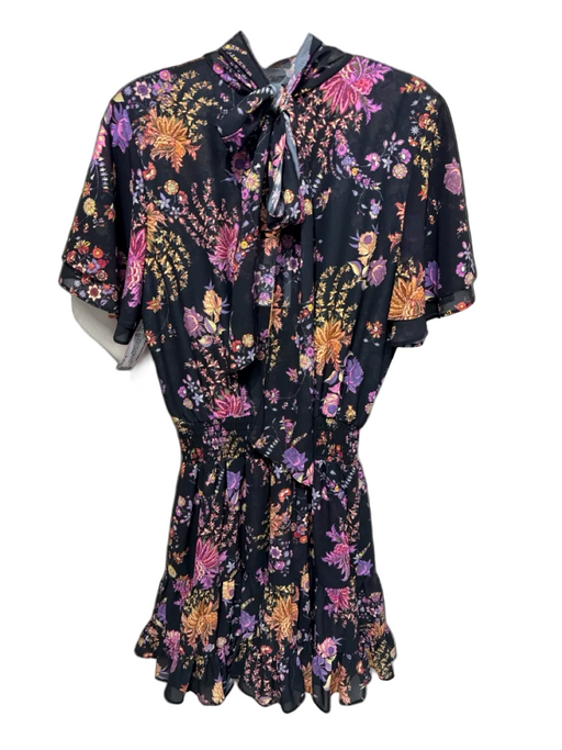 Misa Size M Black, Purple, Orange Polyester Neck Tie Floral Tiered Dress Black, Purple, Orange / M