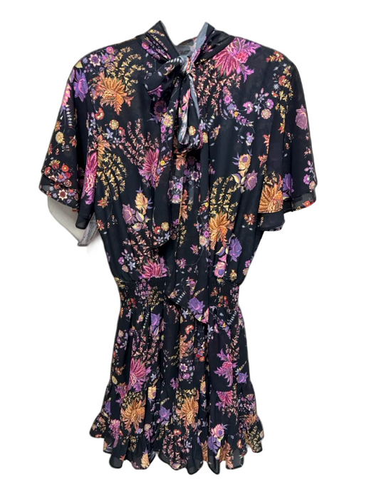 Misa Size M Black, Purple, Orange Polyester Neck Tie Floral Tiered Dress Black, Purple, Orange / M