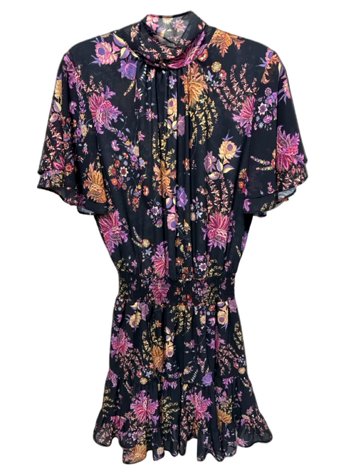 Misa Size M Black, Purple, Orange Polyester Neck Tie Floral Tiered Dress Black, Purple, Orange / M
