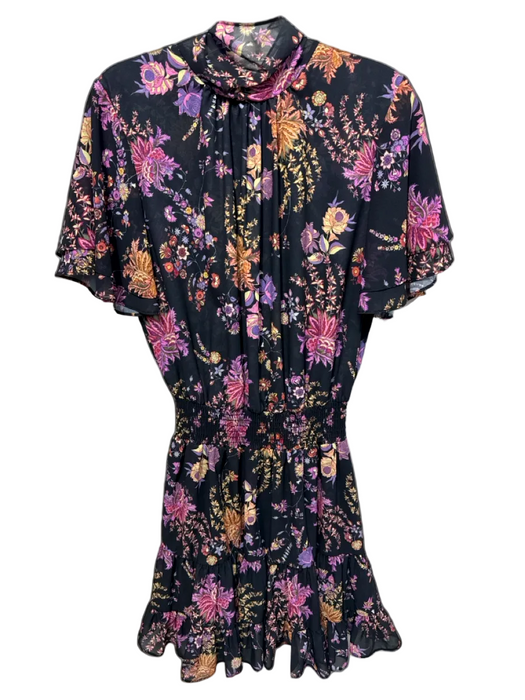 Misa Size M Black, Purple, Orange Polyester Neck Tie Floral Tiered Dress Black, Purple, Orange / M