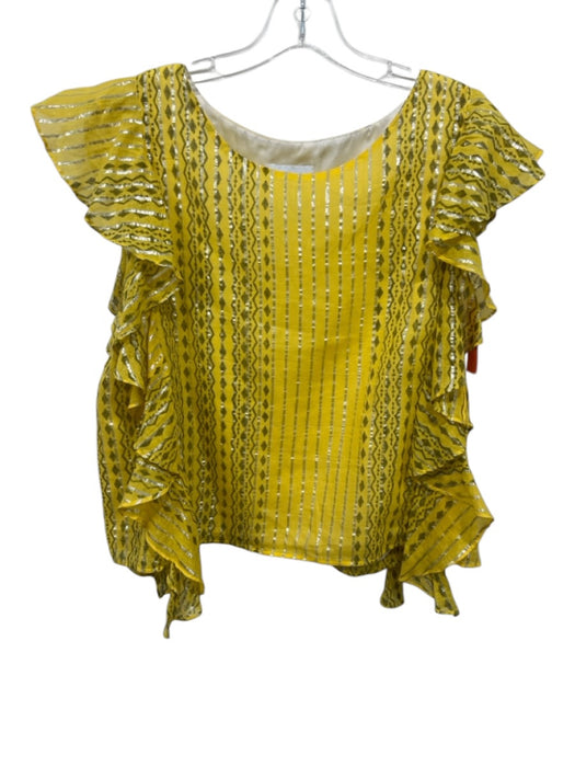 Koch Size L/M Yellow & Gold Cotton Sleeveless Metallic Stripe Ruffles Skirt Set Yellow & Gold / L/M