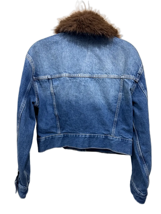 Zara Size M Medium Wash & Brown Cotton Blend Faux Fur Collar Button Front Jacket Medium Wash & Brown / M