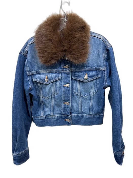 Zara Size M Medium Wash & Brown Cotton Blend Faux Fur Collar Button Front Jacket Medium Wash & Brown / M