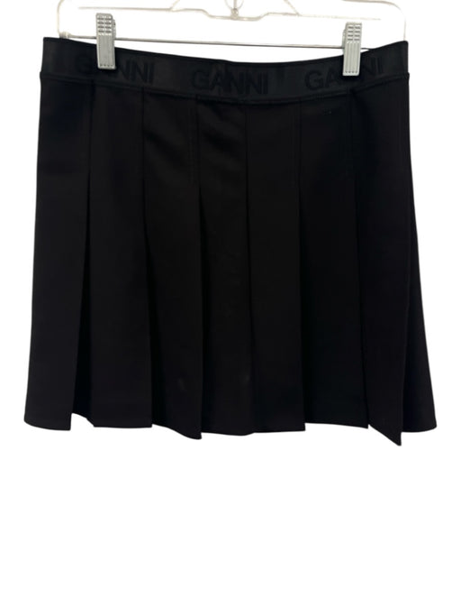 Ganni Size 38 Black Polyester Blend Elastic Waist Logo Pleated Skirt Black / 38