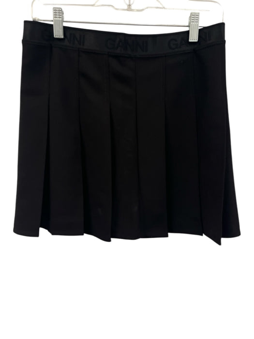Ganni Size 38 Black Polyester Blend Elastic Waist Logo Pleated Skirt Black / 38