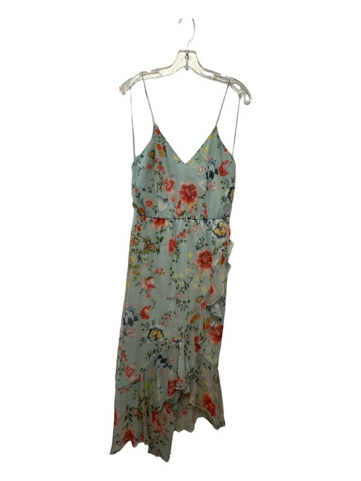 Alice + Olivia Size 8 Aqua Multi Silk Back Zip Floral Ruffle Detail Midi Dress Aqua Multi / 8