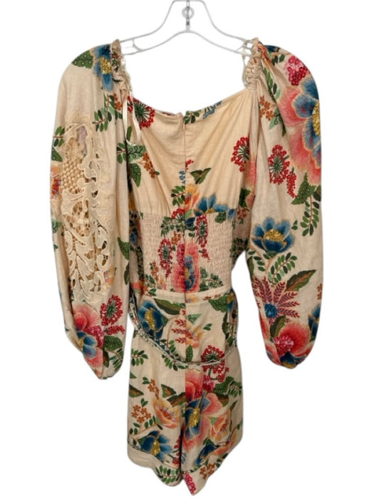 Farm Rio Size M Peach & Green Linen Blend Long Balloon Sleeve Botanical Romper Peach & Green / M