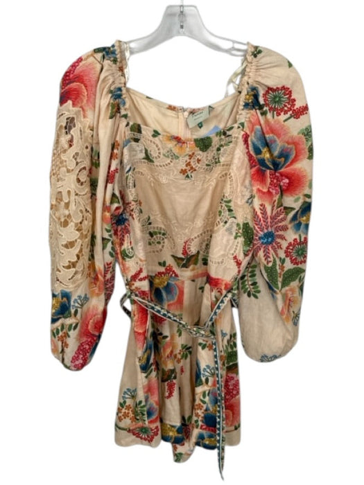 Farm Rio Size M Peach & Green Linen Blend Long Balloon Sleeve Botanical Romper Peach & Green / M