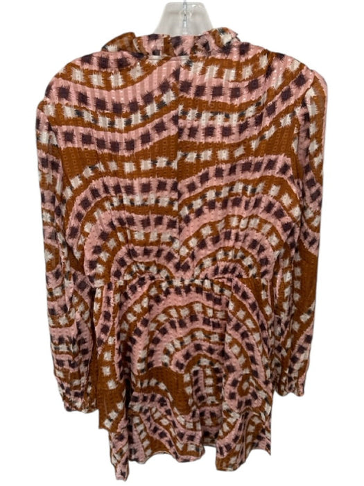 Marie Oliver Size XS Brown & Peach Silk Blend Long Balloon Sleeve Squares Dress Brown & Peach / XS