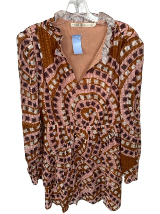 Marie Oliver Size XS Brown & Peach Silk Blend Long Balloon Sleeve Squares Dress Brown & Peach / XS