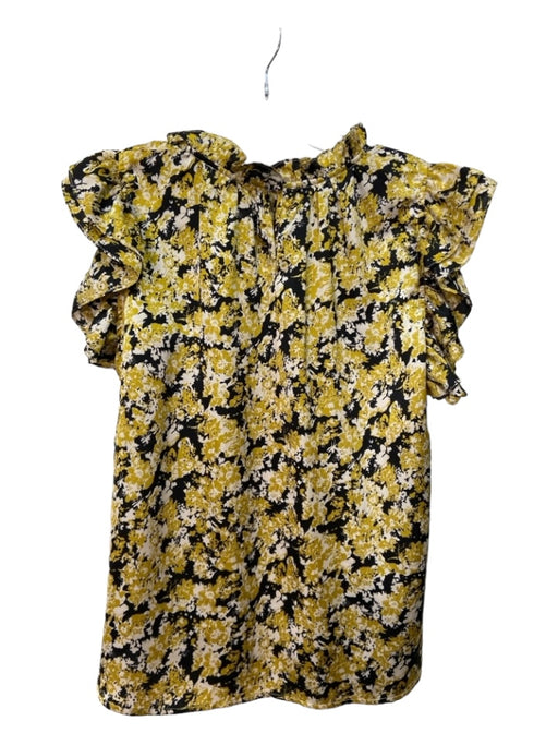 THML Size L Black White & Mustard Polyester Satin Short Sleeve Ruffle Detail Top Black White & Mustard / L