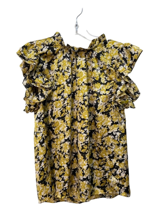 THML Size L Black White & Mustard Polyester Satin Short Sleeve Ruffle Detail Top Black White & Mustard / L